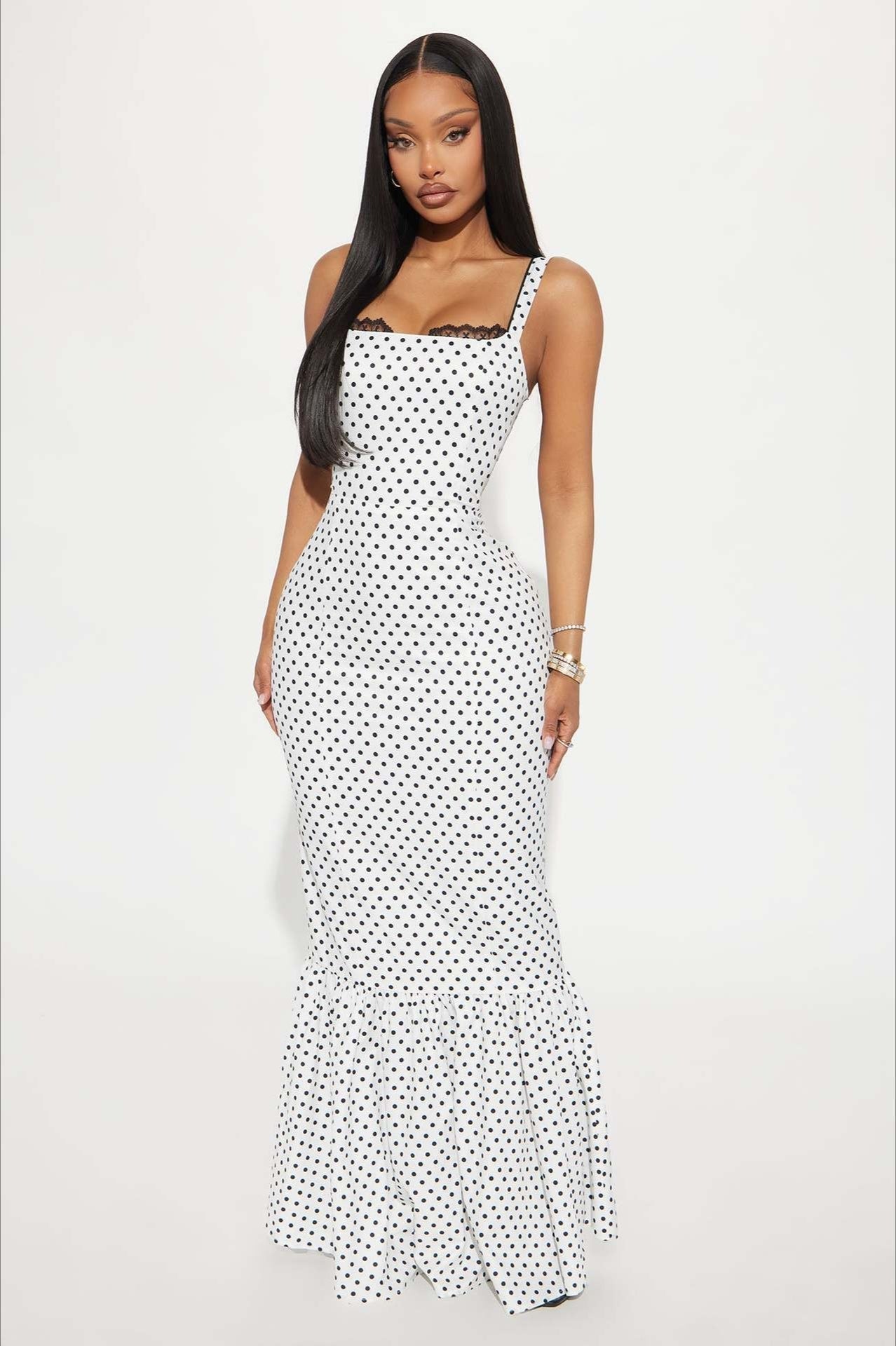 Polka Dot Lace Trim Spaghetti Strap Mermaid Maxi Dress