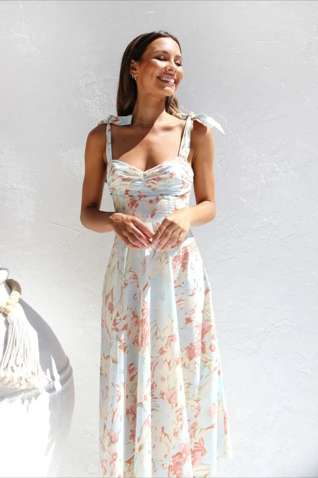 Floral Tie Strap Sweetheart Waist A-Line Summer Midi Dress