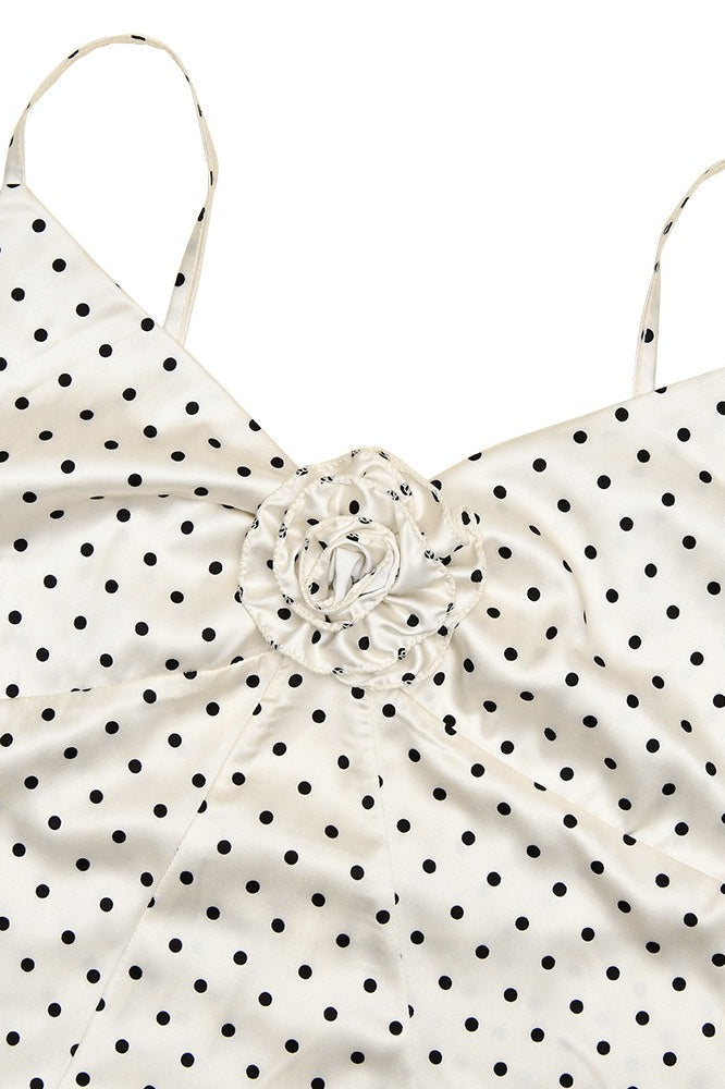 Polka Dot Spaghetti Strap Floral Rosette Slip Maxi Dress