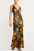 Satin Botanical Print Deep V-Neck Slip Maxi Dress