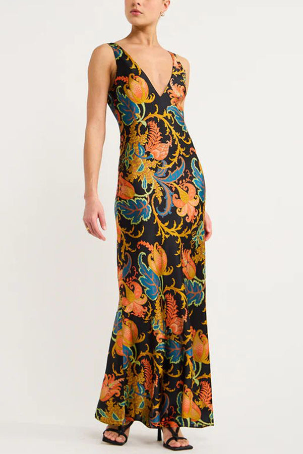 Satin Botanical Print Deep V-Neck Slip Maxi Dress