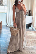 Striped Crinkle Texture Halter Neck Tie Front Ruffle Trim Maxi Dress