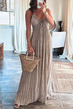 Striped Crinkle Texture Halter Neck Tie Front Ruffle Trim Maxi Dress
