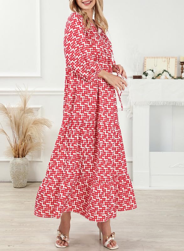 Puff Sleeve Tiered Geometric Print Boho Maxi Dress