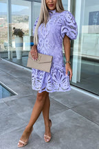Crochet Lace Mock Neck Puff Sleeve Ruffle Hem Mini Dress