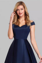 Off Shoulder Cap Sleeve Pleated Satin Ball Gown Maxi Dress