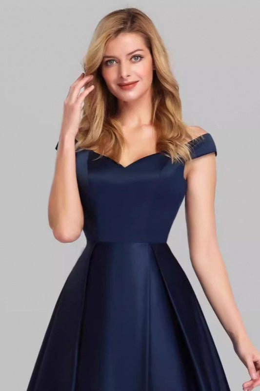 Off Shoulder Cap Sleeve Pleated Satin Ball Gown Maxi Dress