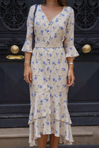 Asymmetric V Neck Flare Sleeve Floral Dress