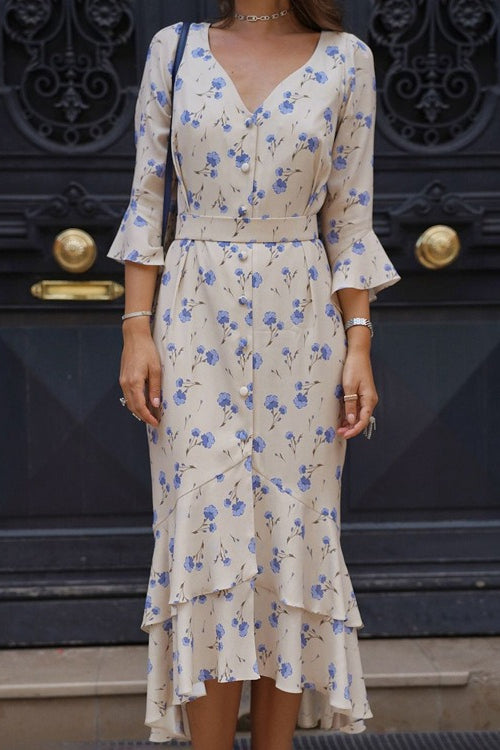 Asymmetric V Neck Flare Sleeve Floral Dress