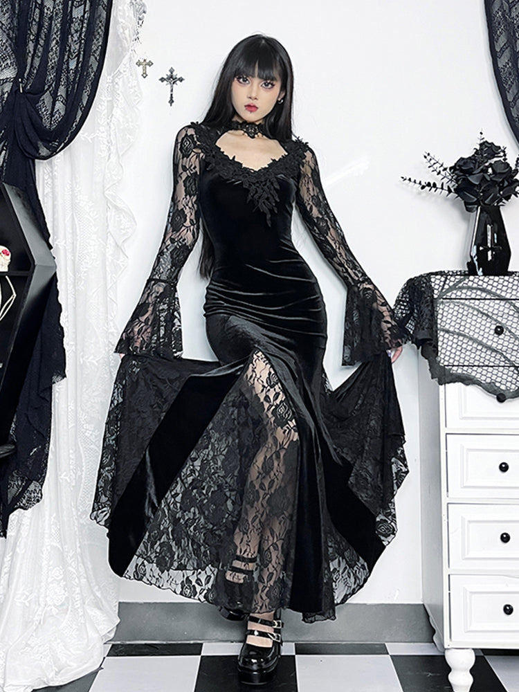 Velvet Lace Choker Bell Sleeve Mermaid Maxi Gown with High Slit