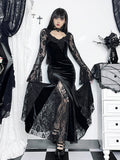 Velvet Lace Choker Bell Sleeve Mermaid Maxi Gown with High Slit