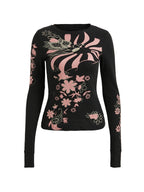 Floral Print Ribbed Slim Long Sleeve Knit