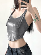 Metallic Eyelet Buckle Hooded Halter Vest