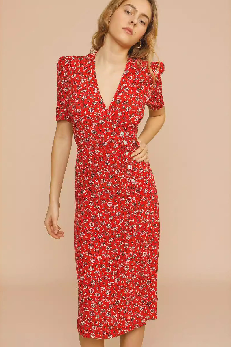 Floral Puff Sleeve Deep V-Neck Wrap Button Side Midi Dress