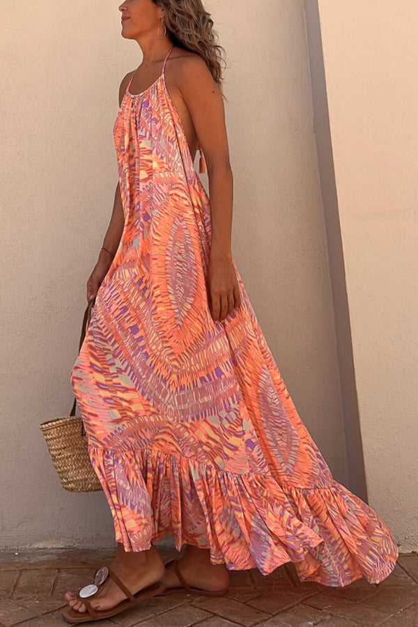 Ethnic Mandala Print Halter Backless Tassel Tiered Maxi Dress