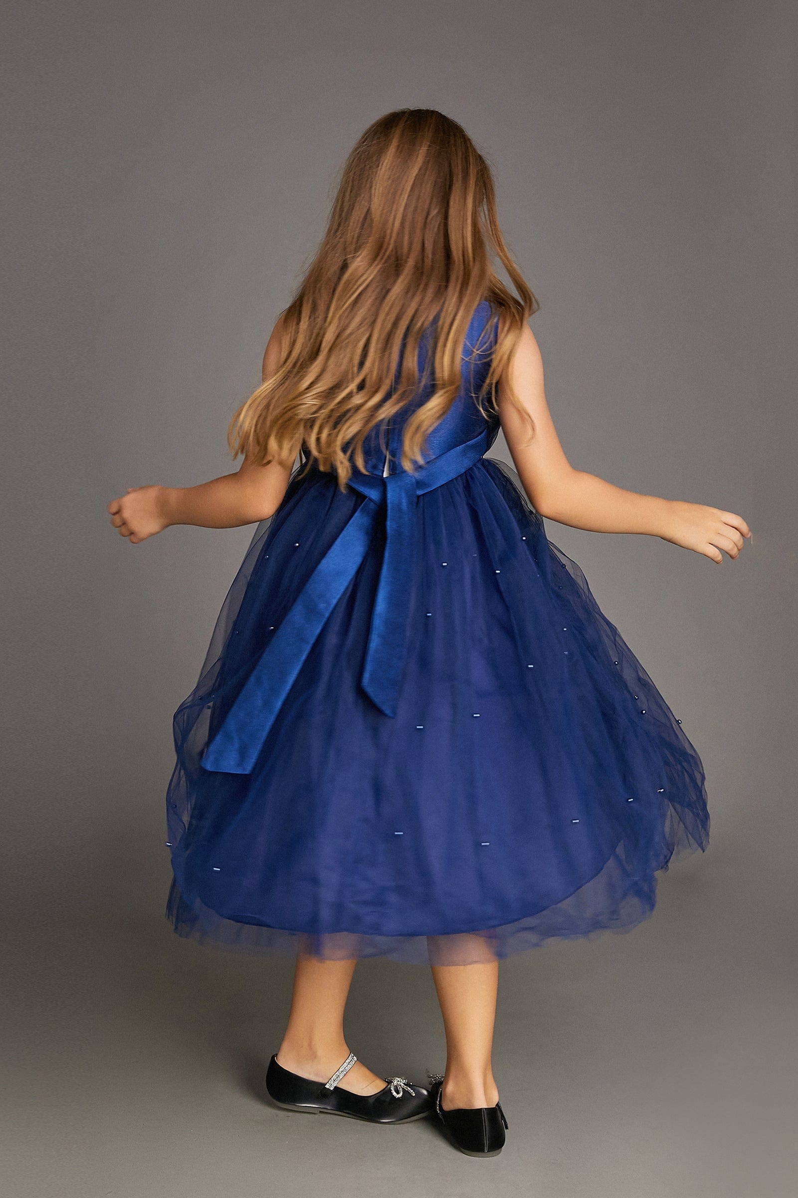 Girls Strapless Ruffled Pearl Embellished Tulle Maxi Mini Dress