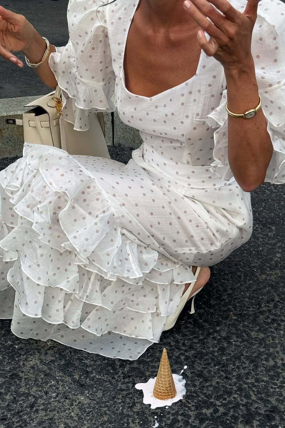 Polka Dot Puff Sleeve Ruffle Cuff Tiered Ruffle Midi Dress