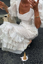Polka Dot Puff Sleeve Ruffle Cuff Tiered Ruffle Midi Dress