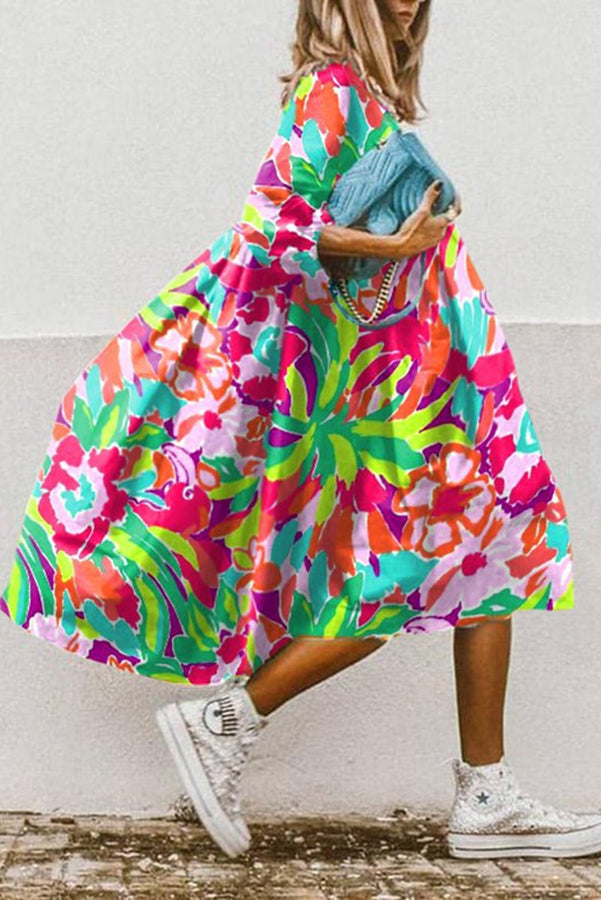 Oversized Graphic Floral Print Swing Midi Dress