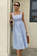 Square Neck Vertical Stripe Dropped Waist A Line Midi Dress