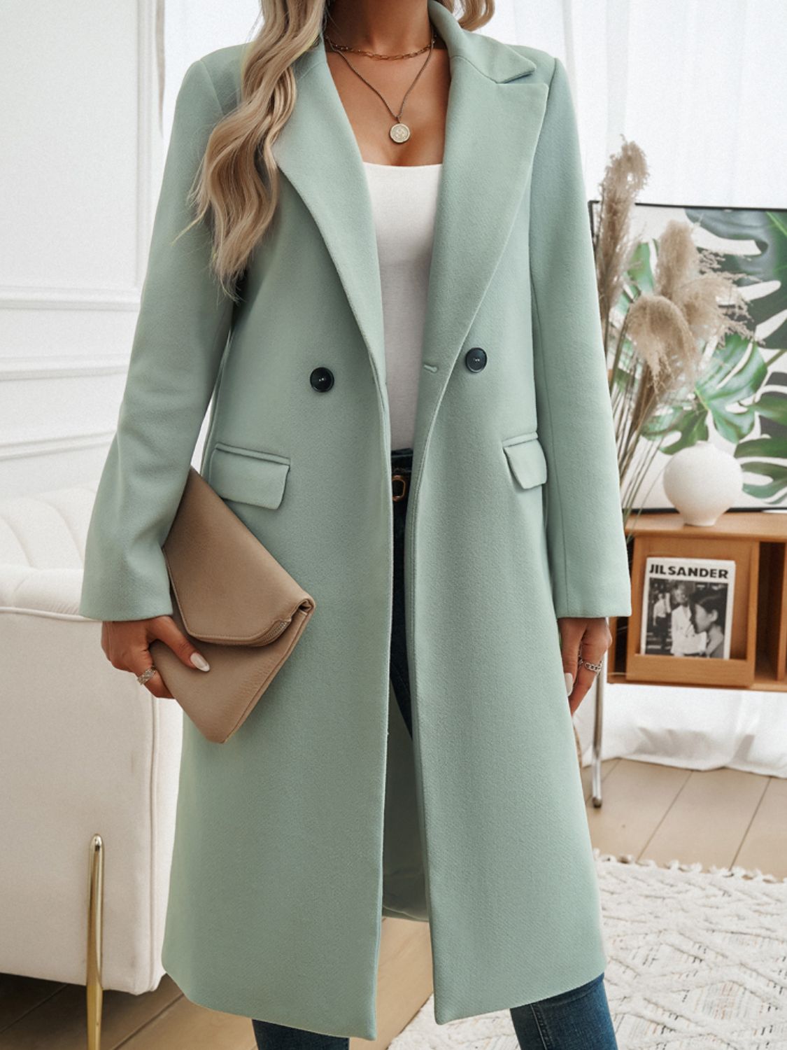 | Long Sleeve Coat with Pockets and Collar