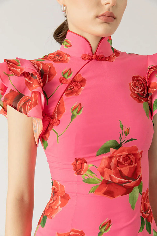 Elegant party cheongsam style rose print layered flared sleeve elastic long skirt