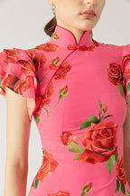 Elegant party cheongsam style rose print layered flared sleeve elastic long skirt