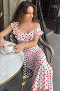 Polka Dot Ruffle Neck Cap Sleeve Bodycon Maxi Summer Dress