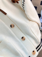 Preppy Bear Embroidery Seam Detail V Neck Knit Cardigan
