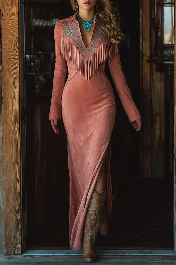 Fashionable Embroidered Floral Tassel Long-sleeved Slim-fit Maxi Dress