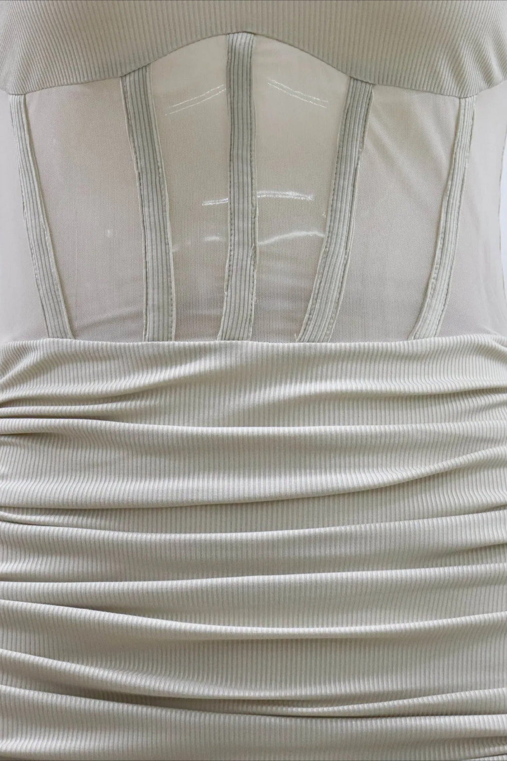 Knit Long Sleeve Corset Mesh Panel Ruched Drawstring Mini Dress