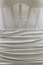Knit Long Sleeve Corset Mesh Panel Ruched Drawstring Mini Dress