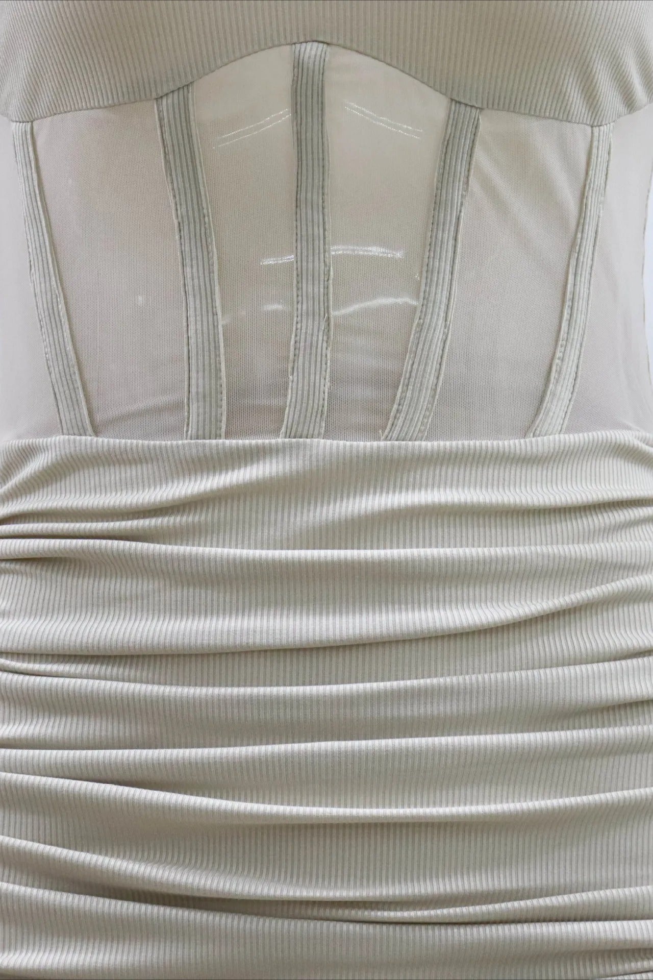 Knit Long Sleeve Corset Mesh Panel Ruched Drawstring Mini Dress
