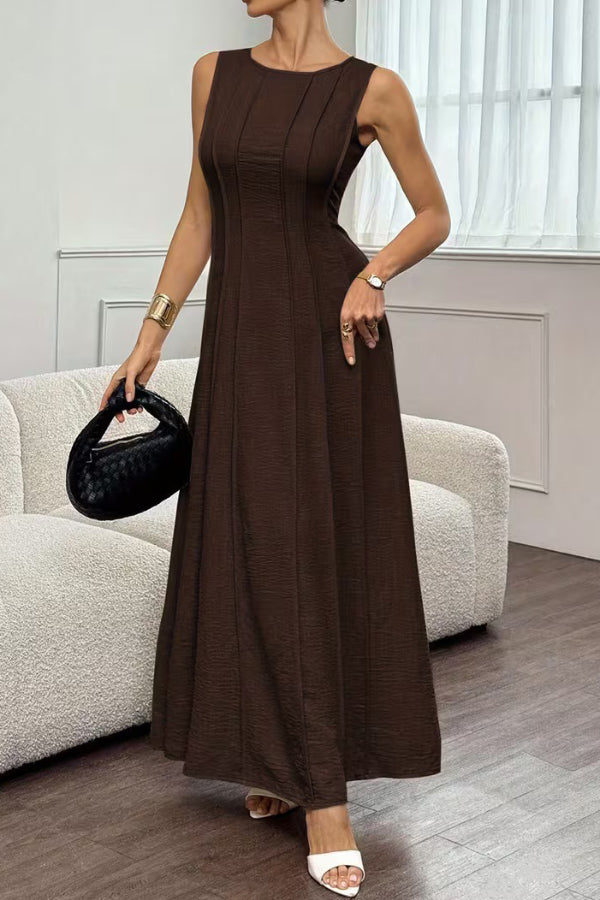 Solid Color Round Neck Sleeveless Elegant Pleated Casual Maxi Dress