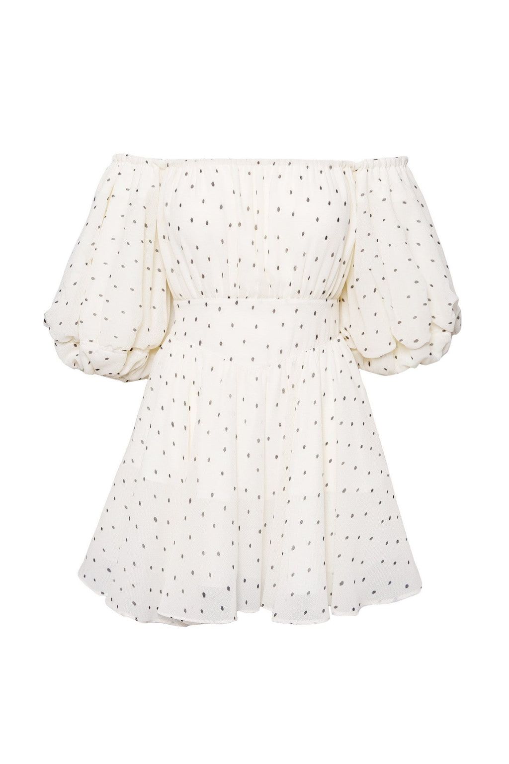 Off Shoulder Polka Dot Smocked Waist Puff Sleeve Ruffle Mini Dress