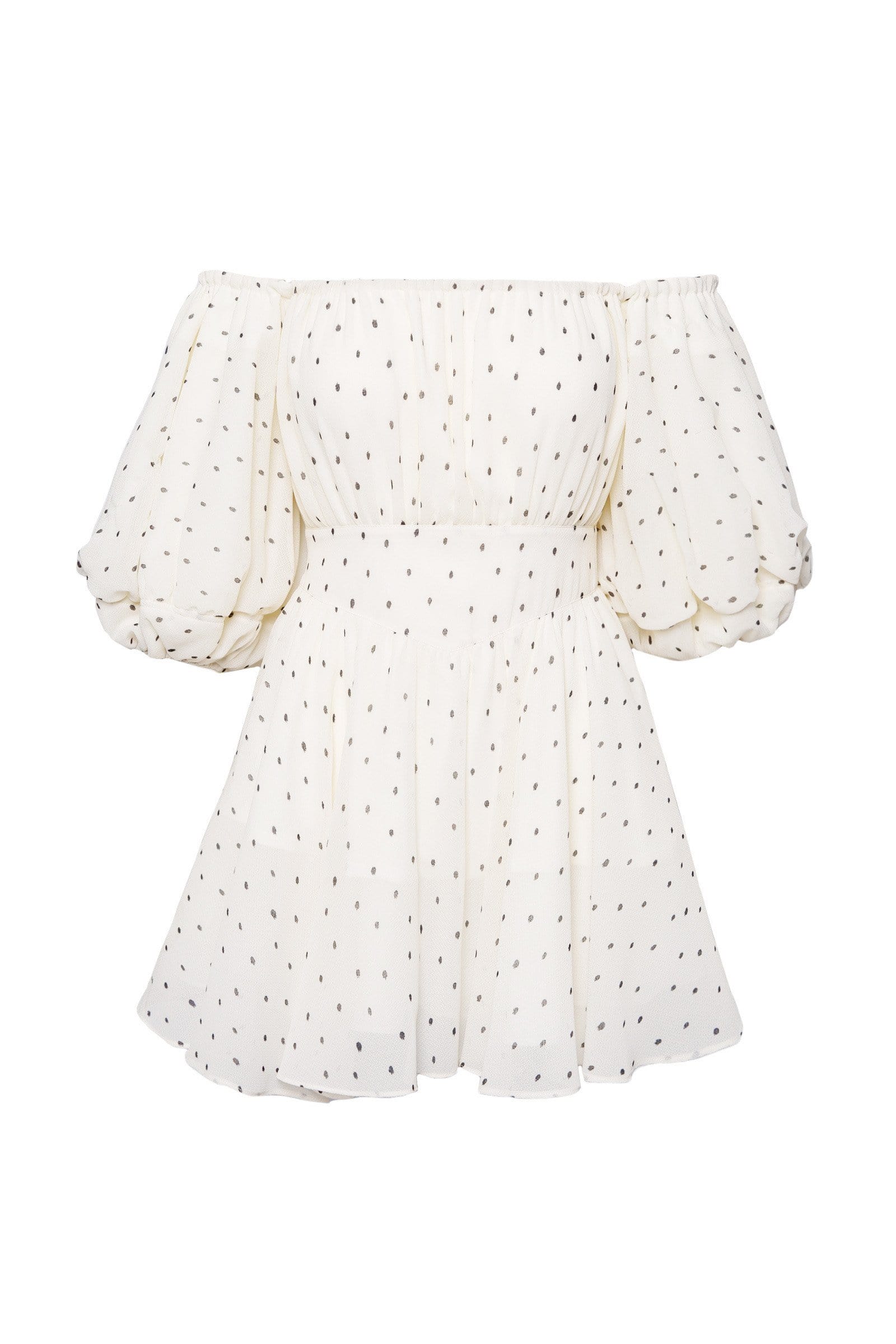 Off Shoulder Polka Dot Smocked Waist Puff Sleeve Ruffle Mini Dress