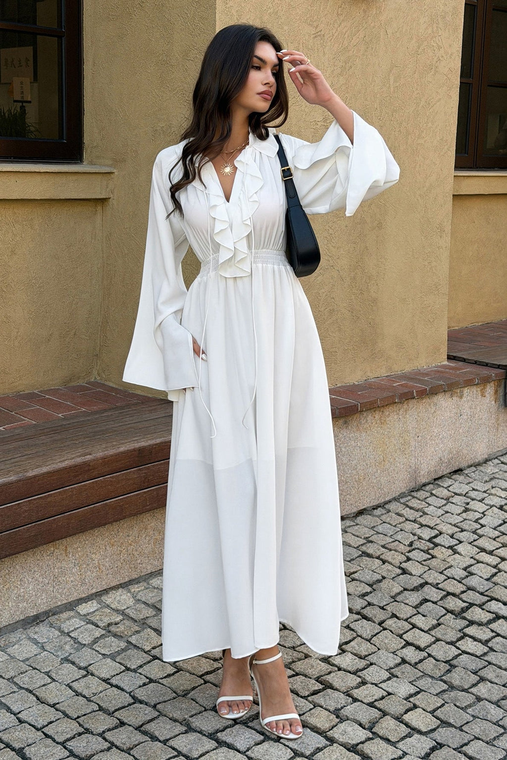 White Ruffle V Neck Wide Flared Sleeve Maxi Dress