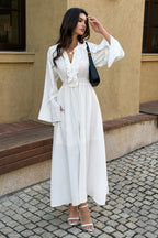 White Ruffle V Neck Wide Flared Sleeve Maxi Dress