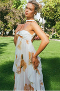 Orange Floral Backless Halter Maxi Dress