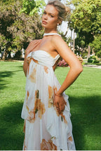 Orange Floral Backless Halter Maxi Dress
