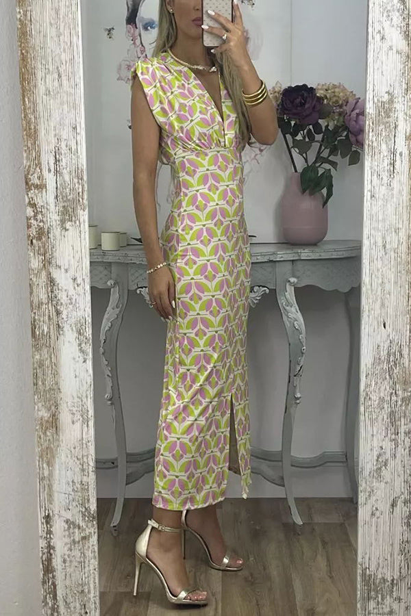 Geometric Print Padded Shoulder Center Slit Column Midi Dress