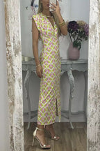 Geometric Print Padded Shoulder Center Slit Column Midi Dress