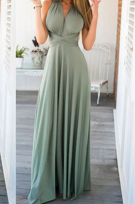 Convertible Wrap Strap Halter Waist Band High Slit Swing Maxi Dress