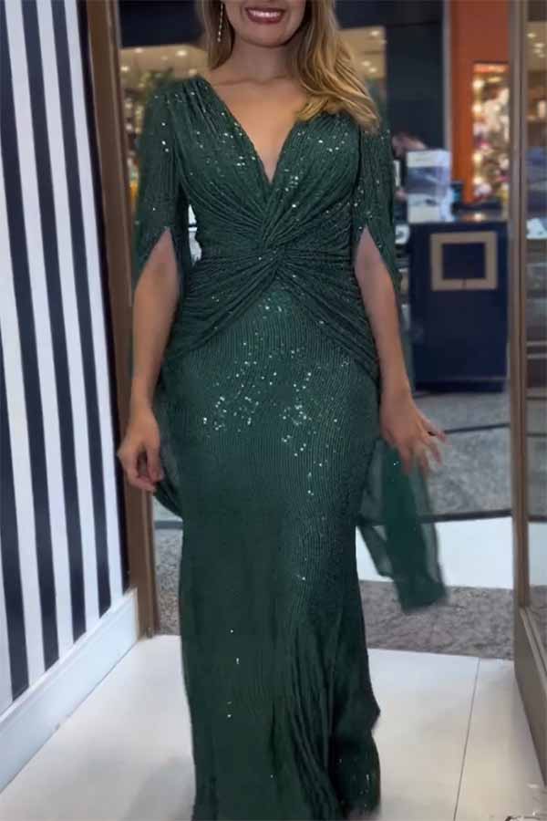 Deep V-Neck Twist Waist Sequin Cape Sleeve Column Maxi Gown