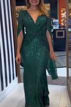 Deep V-Neck Twist Waist Sequin Cape Sleeve Column Maxi Gown