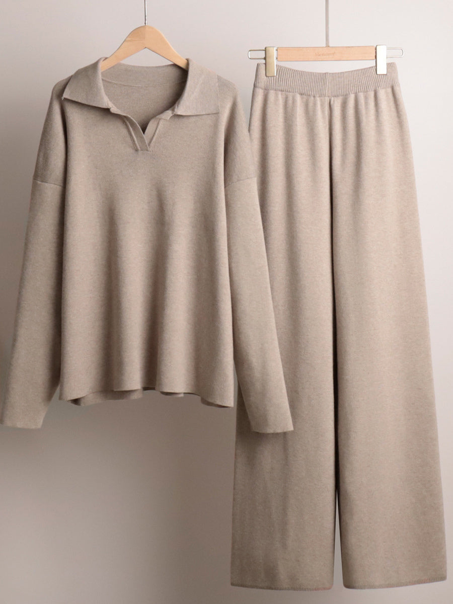 Knit Pant Set Drop Shoulder Pullover And Wide Leg Trousers For Women