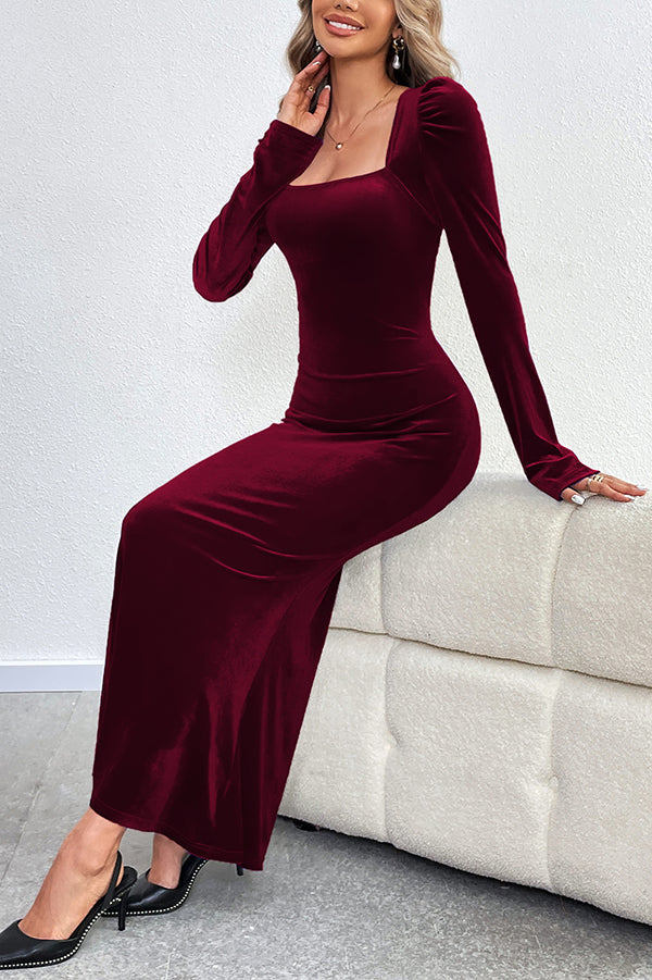 Velvet Square Neck Puff Shoulder Mermaid Hem Maxi Dress