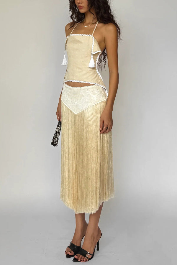 Fashionable Lace Appliqué Tassel Hem Vacation Maxi Skirt