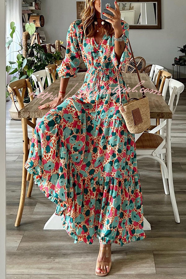 Abstract Floral Print Drawstring Waist Tiered Blouson Sleeve Maxi Dress