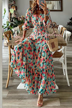 Abstract Floral Print Drawstring Waist Tiered Blouson Sleeve Maxi Dress
